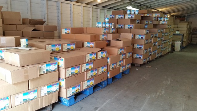 Warehouse stacked with pallets of boxed goods