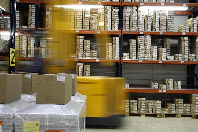 Warehouse racking stacked with parcels ready for shipping